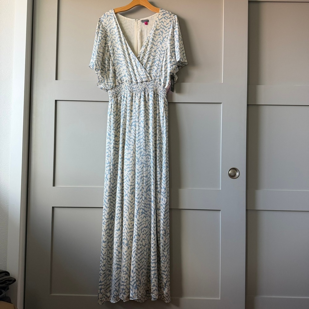 Vince Camuto Windswept Wonder Jumpsuit Blue Flutter Sleeve Smocked L NWT
